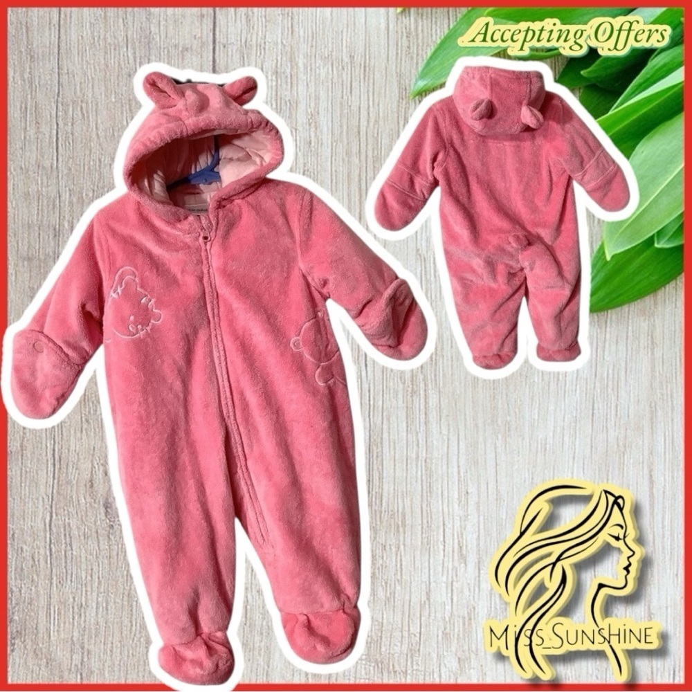 Okie Dokie - Sz 6-9M - Plush pink bear overall - warm hands and feet - easy on